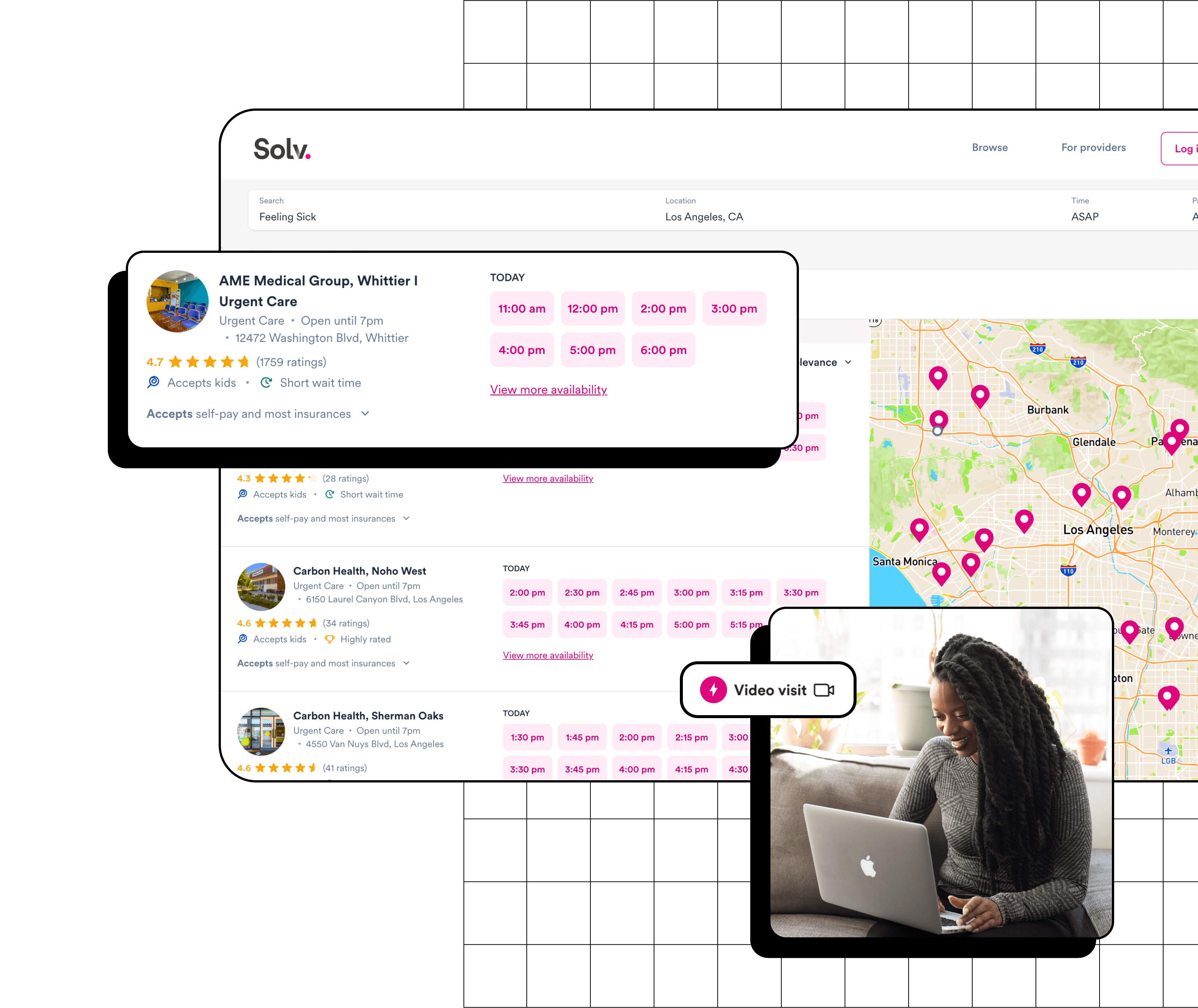 Easy to use B2C location directory, with a location highlighted and booking times shown.
